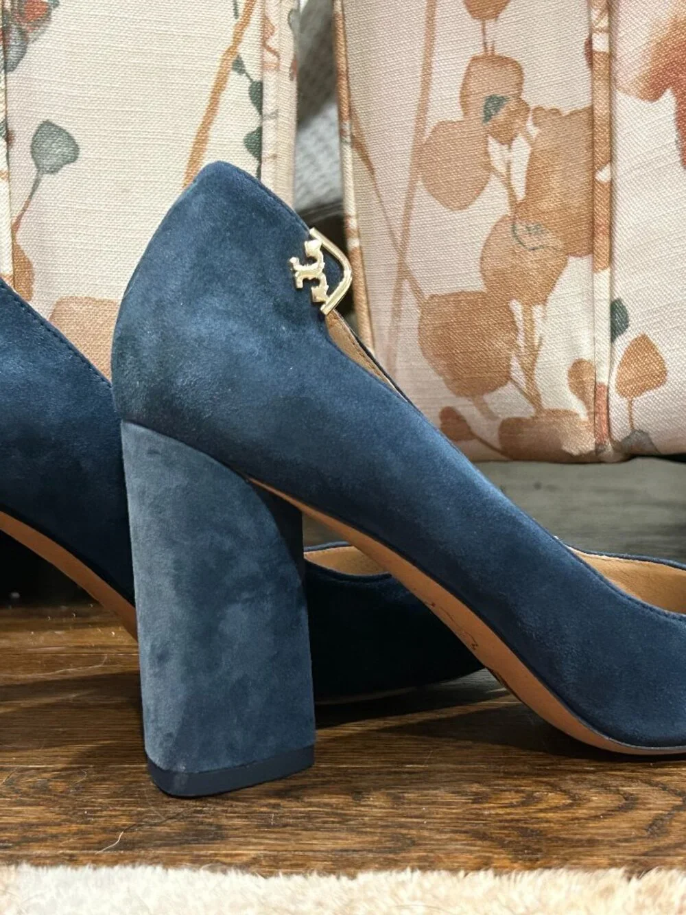 Tory Burch Elizabeth Suede Leather Block Heel Pumps, Blue, Size 5.5